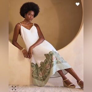 Liverpool Los Angeles Printed Border Maxi Dress size S/M Cream Olive Paisly